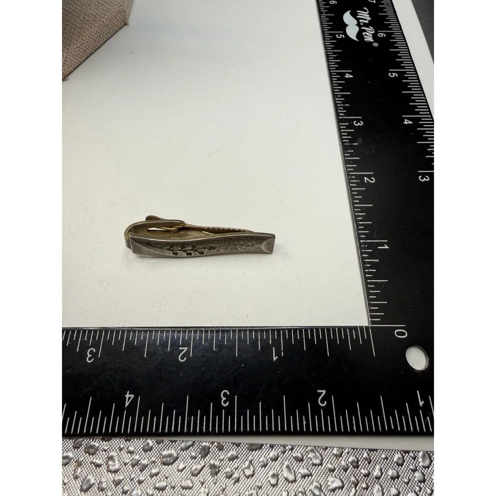 Vintage Silver Tone Wavy Tie Clip Etched Floral Gold Accents Mid‎ Century Modern